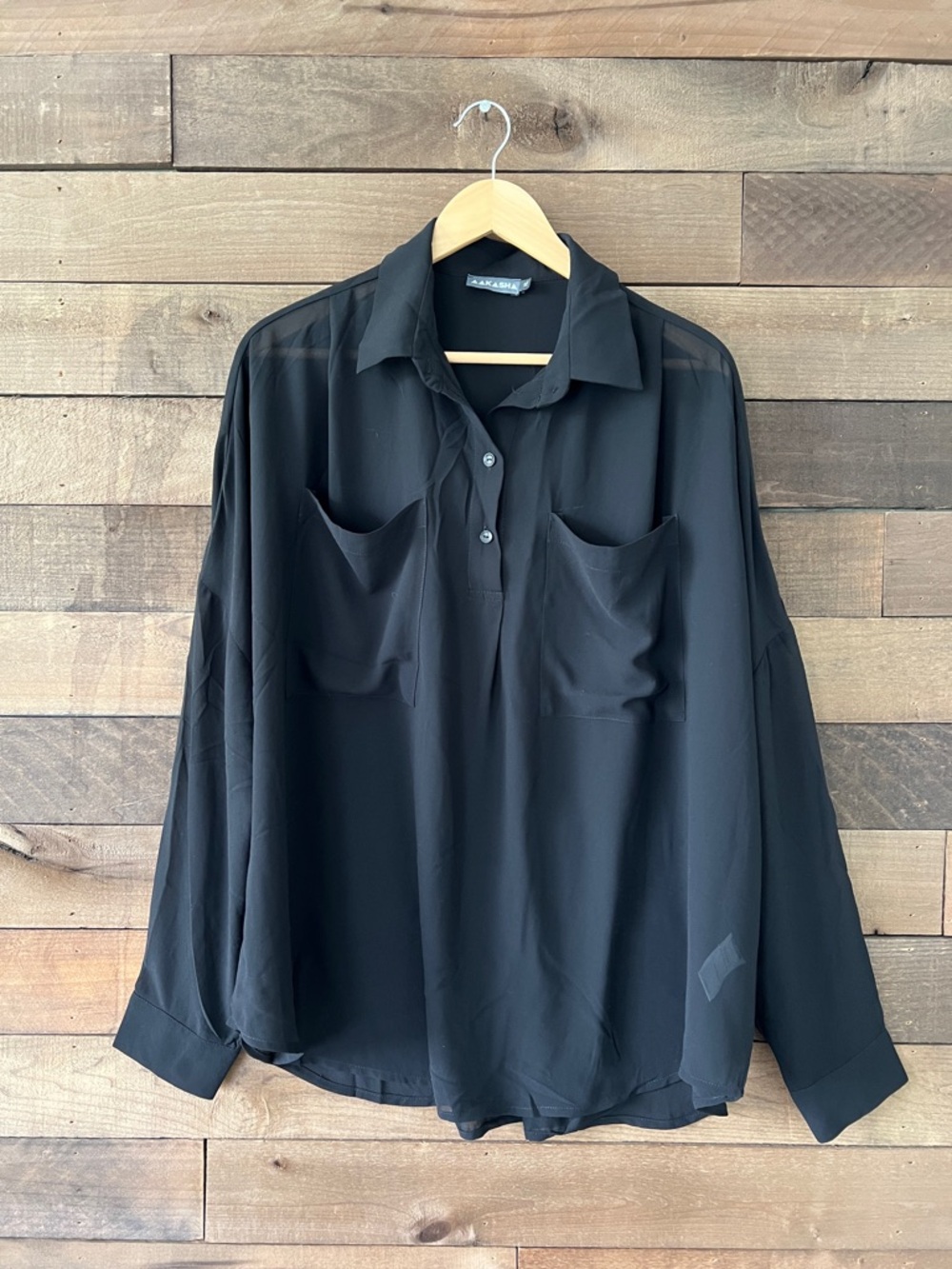 Aakasha Women's Collared Long Sleeve Henley Sheer Pocket Shirt in Black Size XL